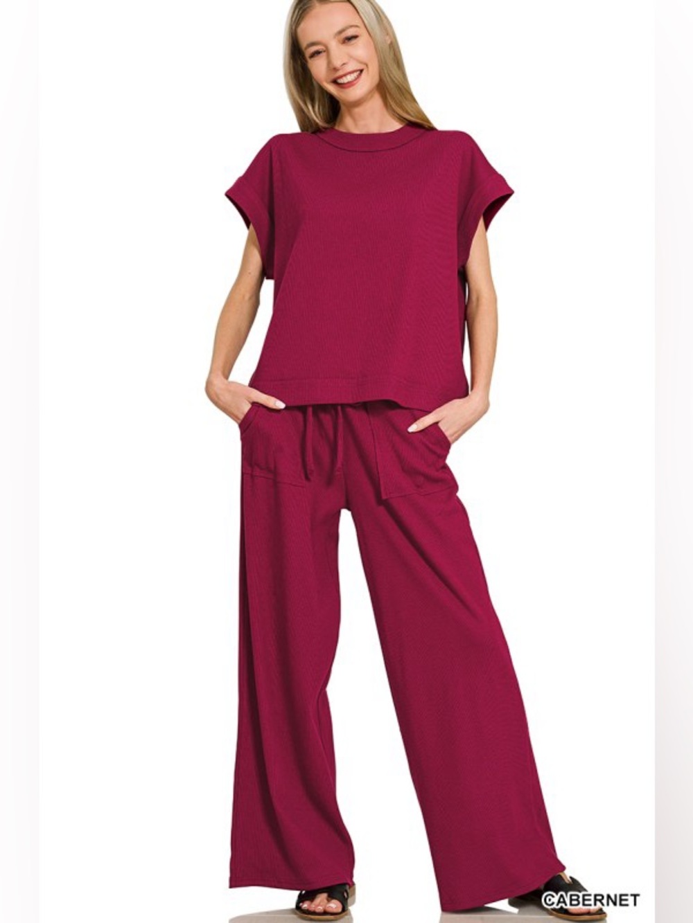 NWT Zenana Ribbed Thick Short Sleeve
Cabernet Red Tee & Pants Set